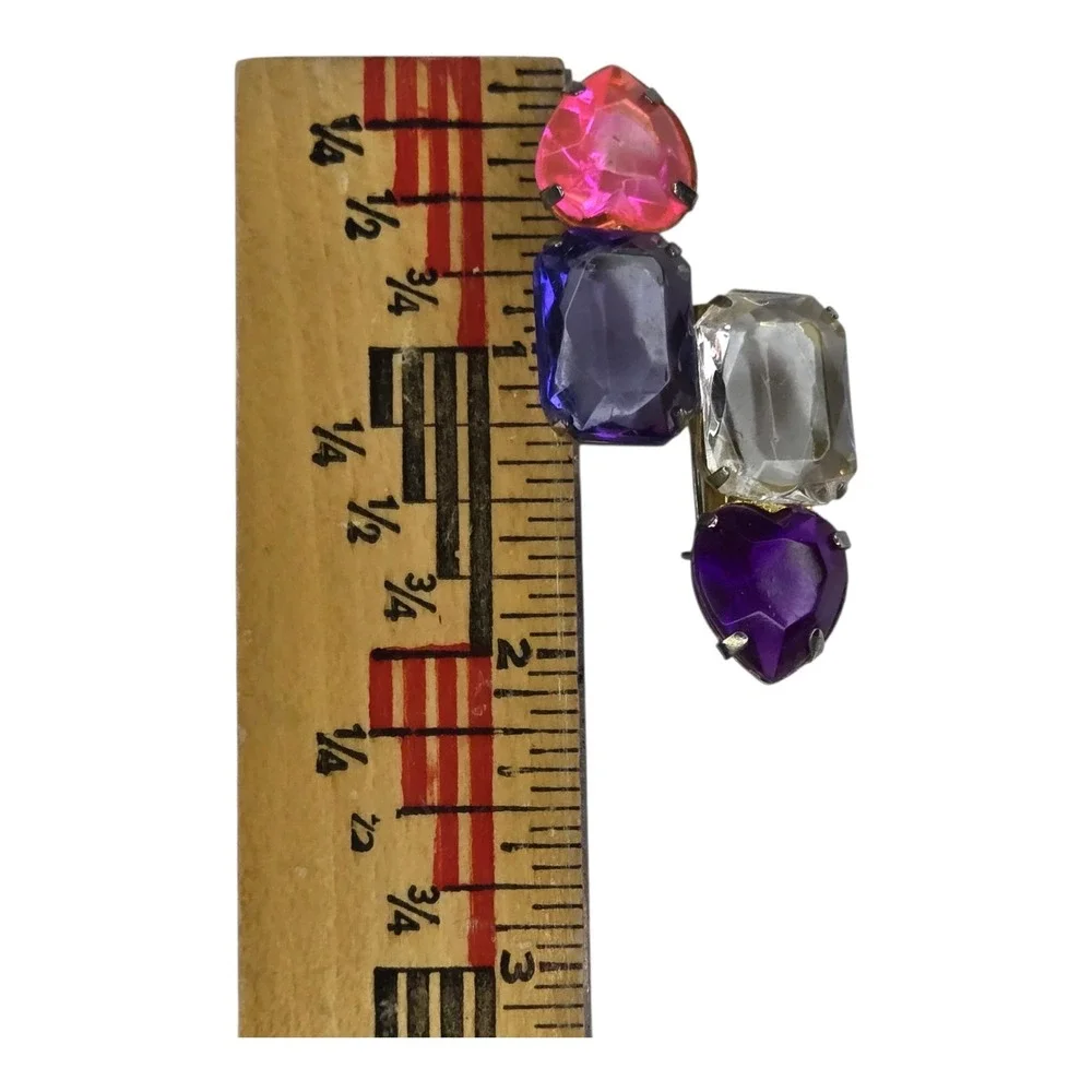 Vintage Brooch Glass Multi Heart Emerald Cut Rhinestone Vintage Pin Pink Purple